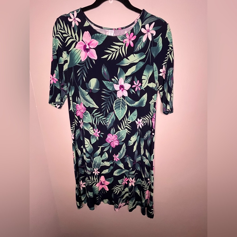 Old Navy Tropical Floral Knot Swing Dress Navy Blue Pink Green Women’s Size M